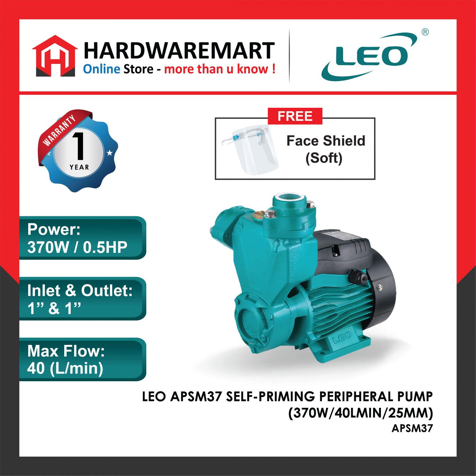 Leo Apsm37 Self Priming Peripheral Pump 370w40lmin25mm 0754