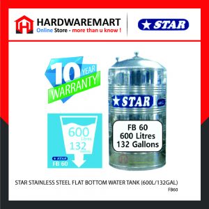 STAR FB60 STAINLESS STEEL FLAT BOTTOM WATER TANK (600L/132GAL)