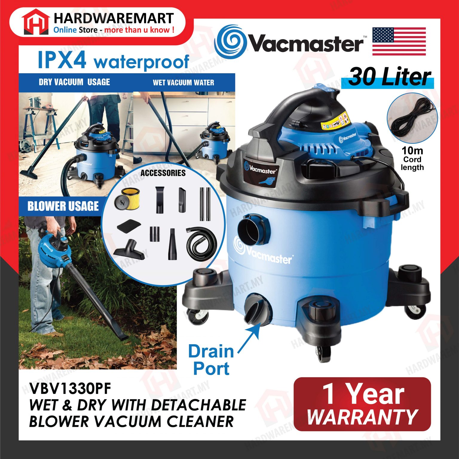 VACMASTER VBV1330PF 30L WET & DRY WITH DETACHABLE BLOWER VACUUM CLEANER ...