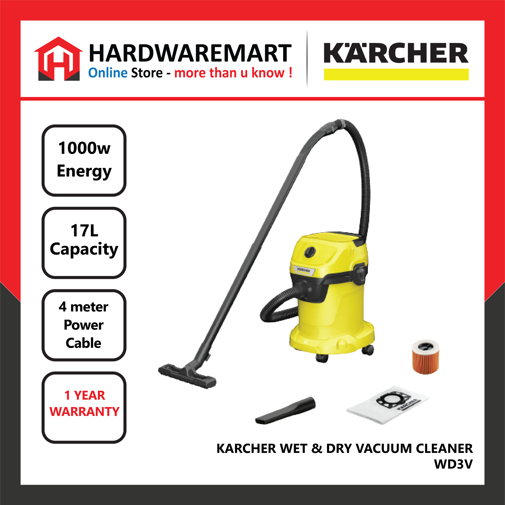 KARCHER WD3 17L Multi-Purpose Vacuum Cleaner 1000W w/ FOC 5PCS Paper Filter  Bags Vacuum Cleaner Cleaning Equipment Kuala Lumpur (KL), Malaysia,  Selangor, Setapak Supplier, Suppliers, Supply, Supplies